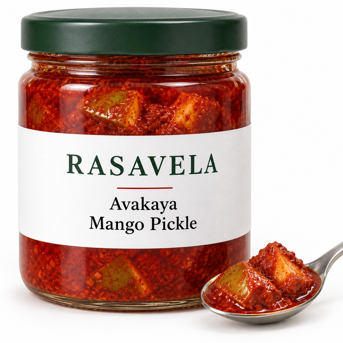 Avakaya Mango Pickle — illustrative Rasavela packaging