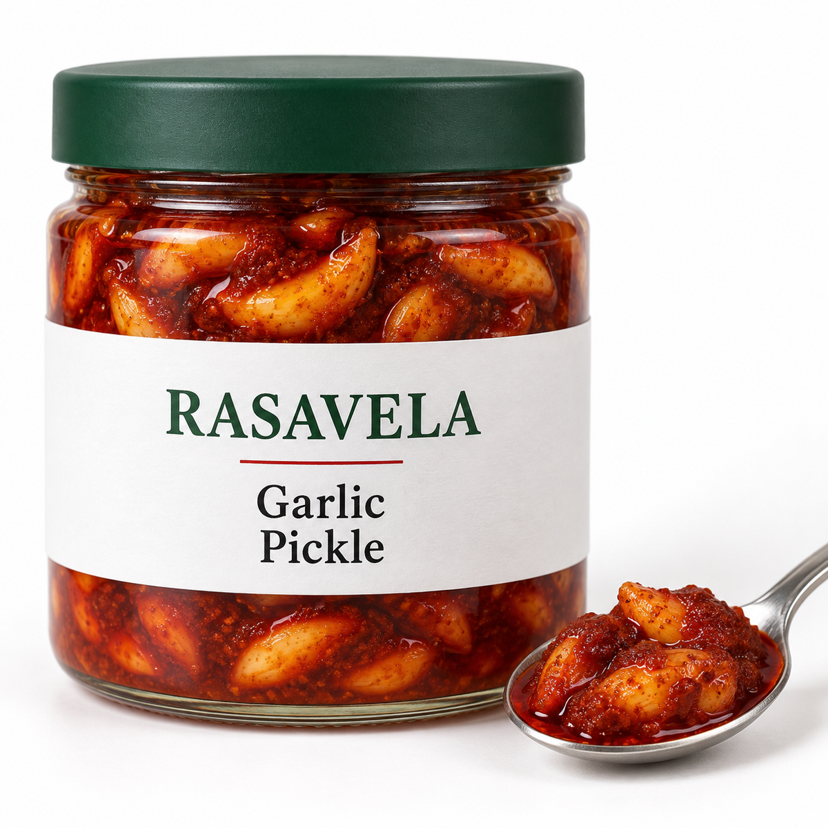 Garlic Pickle — illustrative Rasavela packaging