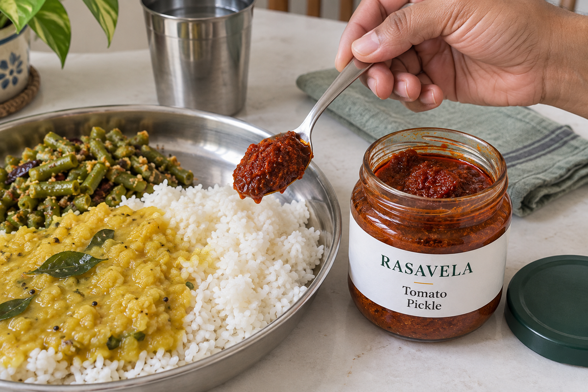 A spoonful of tomato pickle beside warm rice and dal, with an open Rasavela jar at the table