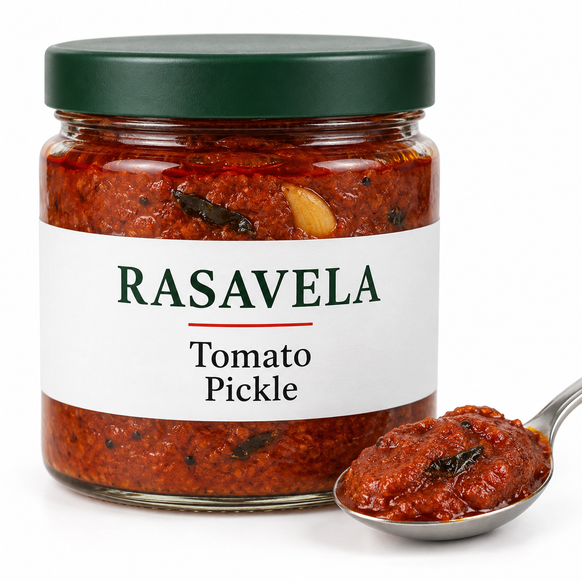 Tomato Pickle — illustrative Rasavela packaging